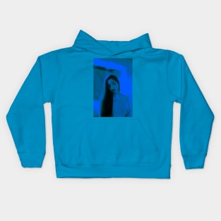 Beautiful girl, dim soft light blue lighting. So calm, so nice. Kids Hoodie